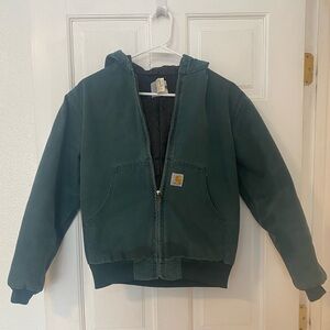 Vintage Carhartt Youth Hooded Jacket Hunter Green Quilted Lined (Large)